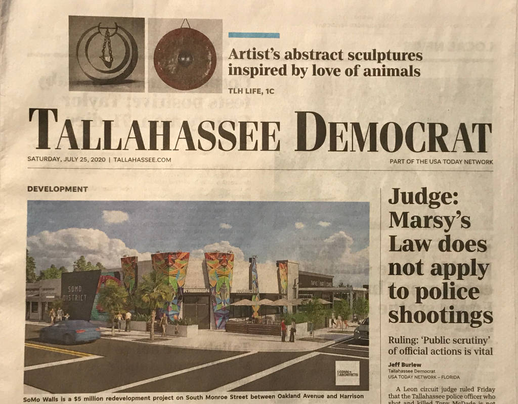 Front page of the Tallahassee Democrat reads: "Artist's abstract sculptures inspired by love of animals" above headline